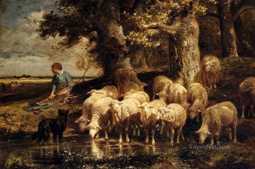 シャルル・エミール・ジャック Painting - 羊飼いと群れ 動物作家シャルル・エミール・ジャック
